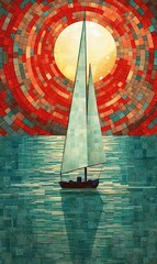 Mosaic of a sailboat in the sea with the sun in the background. Generative AI