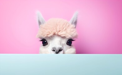 Naklejka premium Creative Animal Concept. Alpaca peeking over pastel bright background. Generative AI.