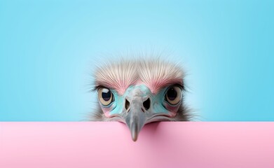 Fototapeta premium Creative Animal Concept. Ostrich peeking over pastel bright background. Generative AI.