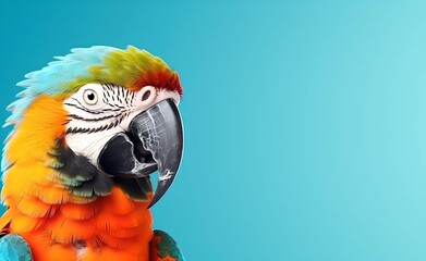 Creative Animal Concept. Colorful macaw peeking over pastel bright background. Generative AI.