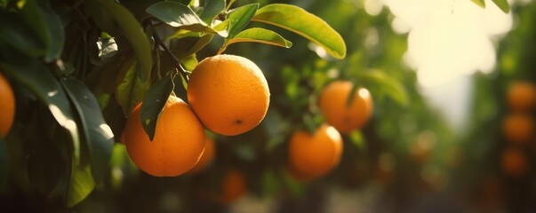 Banner - close up of an orange tree with ripe orange fruit and green leaves.