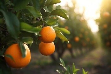 Close up of an orange tree with ripe orange fruit and green leaves.