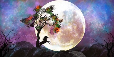Obraz na płótnie Canvas Halloween landscape with moon dark night canvas love deep mind pace cartoon animated vector image template slide use unique design black, astronomy, 3d 