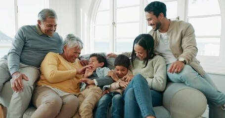 Tickle, couch and family home with kids, grandparents and parents together with love and care. Living room, sofa and senior people with mother, dad and children with youth and happy support at house - Powered by Adobe