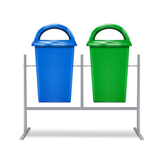 Dual green and blue industrial dustbin stand vector mockup. Color recycle outdoor dust bin set realistic mock-up. Hanging garbage waste recycling containers, trash cans