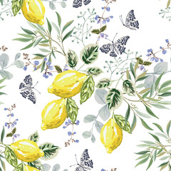 Lemon fruits,  green leaves, butterflies, white background. Floral illustration. Vector seamless pattern. Botanical design. Nature summer garden plants. Romantic arrangement - 624351741
