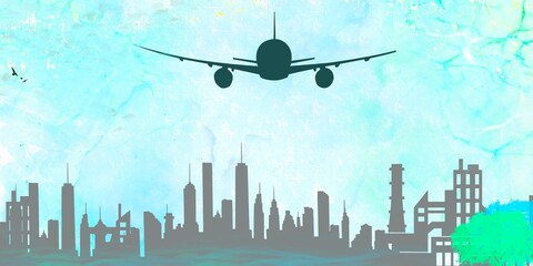 Obraz premium airplane flying over the city green blue mixed soft color bright light effect urban area vintage crystal surface 