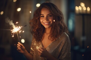 A stylish young woman in a chic party dress, holding a sparkler and smiling with anticipation for the New Year ahead. Generative Ai