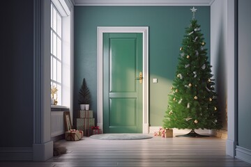 Near the hall door is a small Christmas tree with a sled and presents. Generative AI