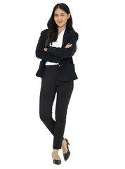 Full length portrait of young businesswoman in suit standing isolated on white background. Happy...