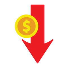 Red arrow going down stock with dollar coin on white background. Bankruptcy, financial market crash icon for your web site design, logo, app, UI. graph chart downtrend symbol.chart going down sign.