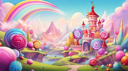 Pink sweet candy land. Fairy tale castle. Concept of wonderland. AI illustration..