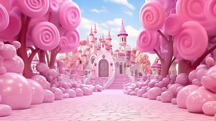 Poster Im Rahmen Pink sweet candy land. Fairy tale castle. Concept of wonderland. AI illustration.. © Oksana Smyshliaeva