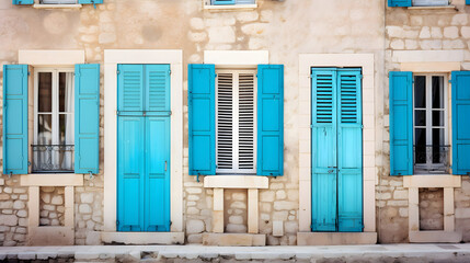 The beautiful mediterranean seaside village house. Aqua Sea Blue window Shutters and door - obrazy, fototapety, plakaty