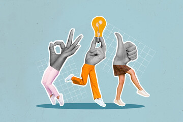 Artwork collage picture of black white colors arms mini legs hold light bulb demonstrate thumb up...