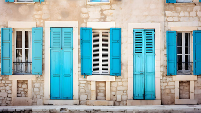 The beautiful mediterranean seaside village house. Aqua Sea Blue window Shutters and door