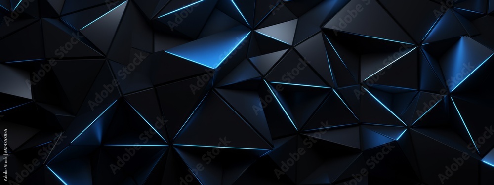 Aufkleber Futuristic technology digital concept background banner website illustration, 3d texture - Dark blue black abstract background with glowing triangular triangles geometric glowing shiny (Generative Ai)