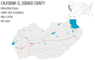 Large and detailed map of El Dorado County in California, USA. - obrazy, fototapety, plakaty