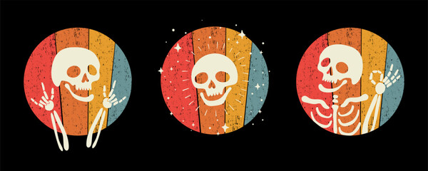 Comic style set of three artworks with skeletons showing different gestures in colorful circles on black background. Vector illustration, all object is isolated.