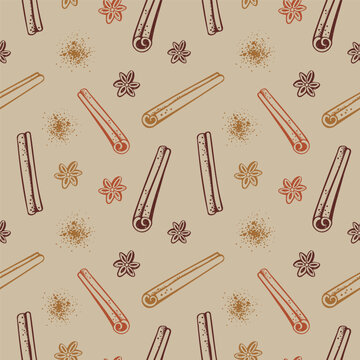 Cinnamon sticks bark seamless pattern. Hand drawn brown spice on decorative ornament. Rolled cinnamons spicy seasoning condiment. Aromatic ingredient for cooking, backing. Backdrop vector illustration