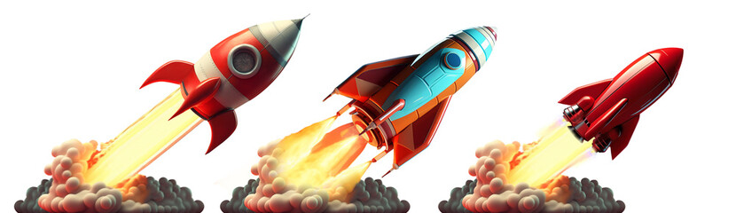 A collection of launched business toy rockets isolated on clear PNG background, made of precious metal. Successful start concept.