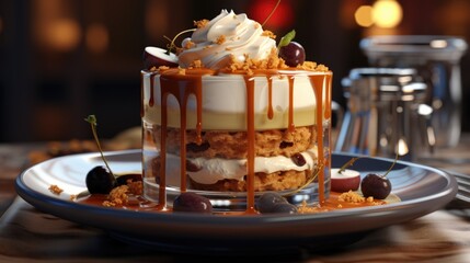 Fototapeta na wymiar Classic tiramisu dessert with whipped cream, cherries and caramel. Generative AI.