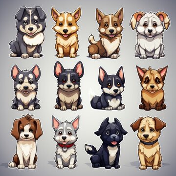 Set of cute cartoon dogs on gray background. Vector illustration of different breeds of dogs. Generative AI.