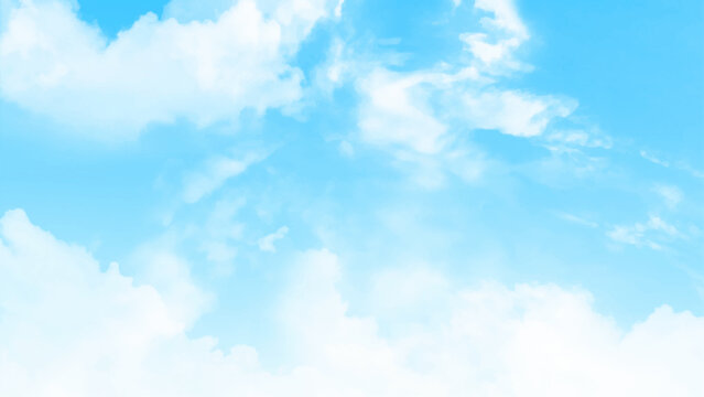 Blue sky background with clouds. Sun rays in the cloudy sky. Nature background.
