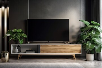 Smart TV on wooden console with black blank screen. Generative AI