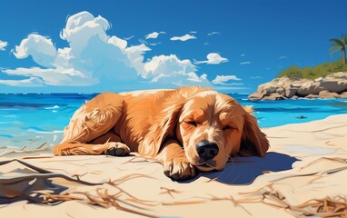Vacation Dog Sleeping on Beach. Generative AI