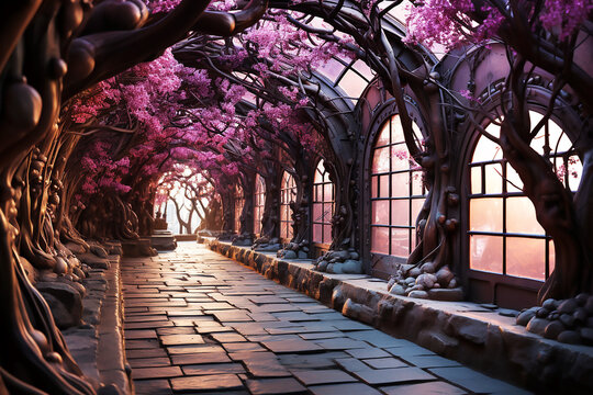 Beautiful landscape of in fairy pink alley in the park. Generative AI