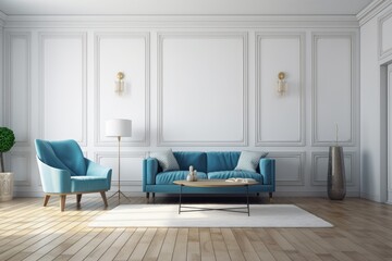 Two armchairs and a blue couch are in an apartment's interior. The floor is parquet. mockup copy space for a wall. Generative AI