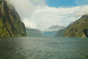 Majestic view from the middle of the Milford sound in Fiordland New Zealand