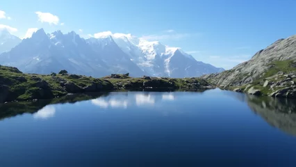 Photo sur Plexiglas Mont Blanc Lake Blanc at the end of Tour Mont Blanc, surrounded with snowy mountains