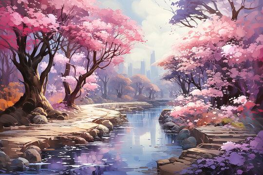 Beautiful landscape of in fairy purple pink alley in the park. Generative AI