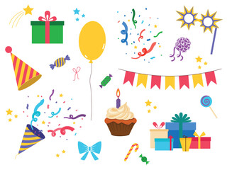 Party items collection. Party hat, balloon, cake, gifts, candy, bow and etc. Vector illustration