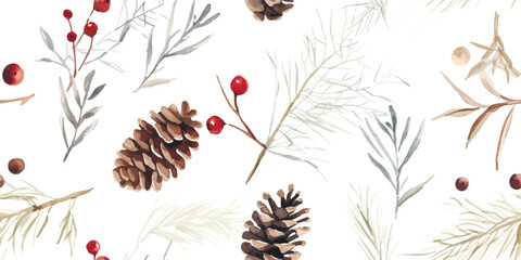 Christmas floral seamless pattern with delicate abstract branches and cones, watercolor winter illustration on white background for print, wallpapers, textile or wrapping paper