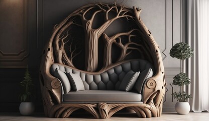 Luxury rustic handmade loveseat sofa in the room with abstract wooden tree decorative column generative ai