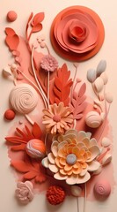 Various beautiful flowers arranged on a peachy background. Nature, spring, summer, romantic flat lay. AI generated image