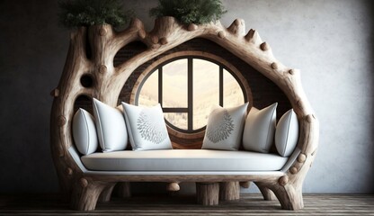 Fototapeta na wymiar Luxury rustic handmade loveseat sofa in the room with abstract wooden tree decorative column generative ai