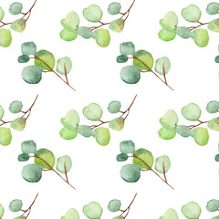 Seamless pattern green leaves trees and branches, foliage of natural branches, green leaves, herbs, tropical plants hand drawn watercolor on white background.