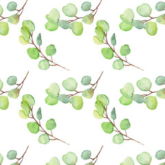 Seamless pattern green leaves trees and branches, foliage of natural branches, green leaves, herbs, tropical plants hand drawn watercolor on white background.