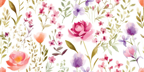 Colorful floral seamless pattern with flowers and green leaves in rustic provence style, watercolor illustration on ivory background for textile, wallpaper or wrapping paper