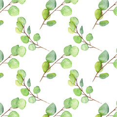 Seamless pattern green leaves trees and branches, foliage of natural branches, green leaves, herbs, tropical plants hand drawn watercolor on white background.