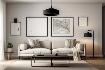 The living room of a house features a stylish modular sofa, a beige coffee table, a lamp, decorations, art works, a stool, and attractive personal items. Template. Generative AI