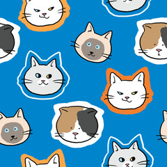 Seamless Pattern of Funny Cartoon Cat Face Design on Blue Background