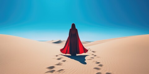 Minimalistic desert landscape with a woman in red dress gazing at the horizon. Fashionable abstract AI generated image
