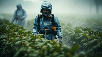 Person in a hazmat suit and gas mask standing in a wheat filed. Concept of toxic pesticide usage. Generative AI - obrazy, fototapety, plakaty