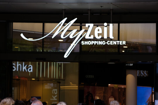 modern Multi-brand center MyZeil part of PalaisQuartier complex with main entrance to Zeil, Frankfurt's main shopping street, customer service, exclusive fashion, sportswear, Frankfurt - July 15, 2023