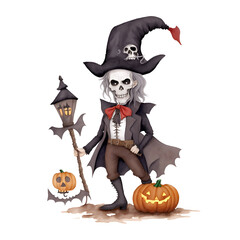 Illustration of cute cartoon halloween cute pirate, skeleton, skull with pumpkins , bat isolated on white background. Cute cartoon pirate halloween.